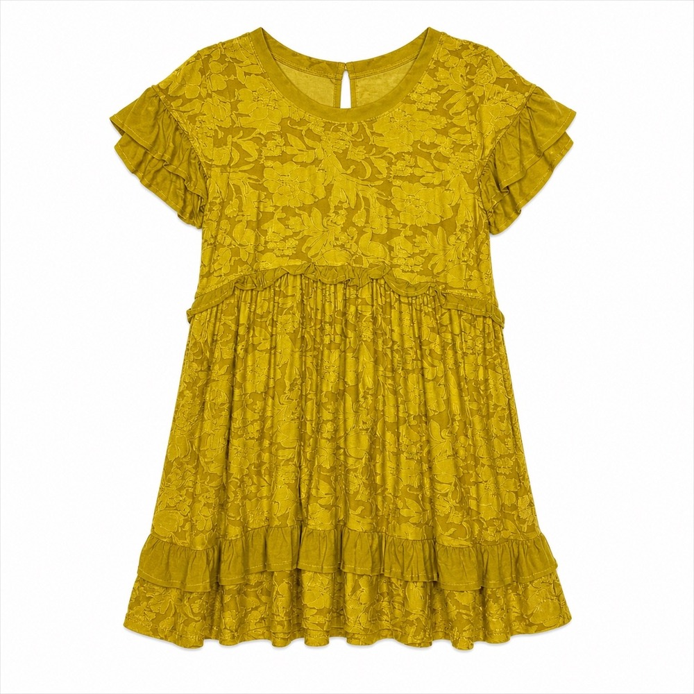 Anthropologie Ruffle Mini Dress Mustard Yellow Boho Open Back XS